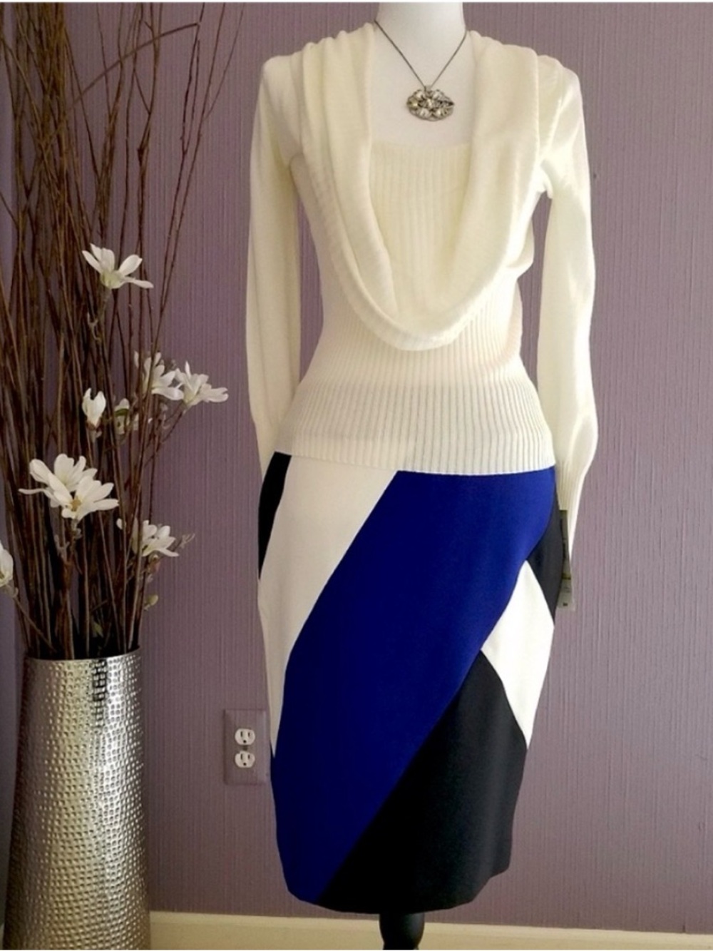 Evan Picone Color-block Pencil Skirt & Dots Fitted Cowl-neck Sweater Set NWT
